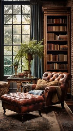 a chair and ottoman in front of a window with bookshelves on either side