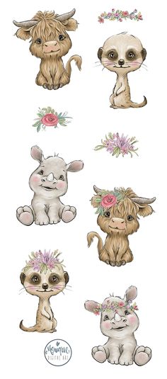 some animals with flowers on their heads and one is wearing a flower crown, the other has