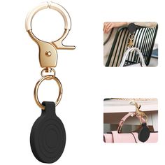 a black and gold keychain with a white purse in the background, and an image of a woman's hand holding a pink purse