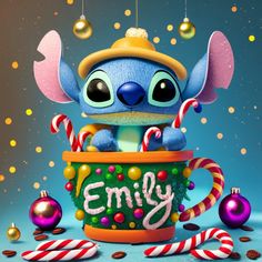 a cartoon character sitting in a cup with candy canes