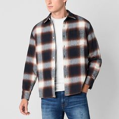 Arizona's plaid men's shirt is a must-have cold-weather wardrobe essential. This button-down is made from soft cotton-flannel with a spread collar, chest pocket, long sleeves, button cuffs, and a curved hem. Wear it open layered over a t-shirt with jeans.Closure Type: ButtonFit: Classic FitNeckline: Collar NeckPockets: 1 Chest Slip PocketSleeve Length: Long SleeveSleeve Style: Cuffed SleeveApparel Length: 33 InchesFiber Content: 100% CottonFabric Description: FlannelCollar: Point CollarCare: Tum Classic Plaid Flannel Shirt For Winter, Flannel Shirts, Flat Front Pants, Collar Neck, Long Sleeve Flannel, Large Shirts, Cooler Weather, Mens Big And Tall, Big And Tall