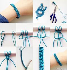 the instructions for how to make a bracelet with blue thread and beads on it's side