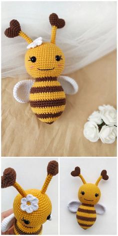 crocheted stuffed toy bee with flower on its head and tail, sitting next to white flowers