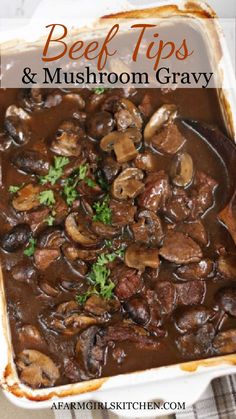 beef tips and mushroom gravy in a casserole dish with parsley