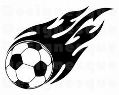 a black and white soccer ball with flames on it's side, in the shape of a flame