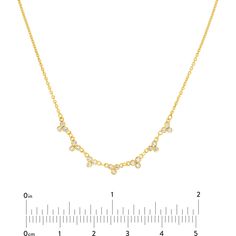 Dive into timeless beauty with the radiant beauty of the Diamond Trinity Stations Necklace from Olas d'Oro. This exquisite piece is a celebration of elegance and sophistication, designed to elevate your style to new heights. Crafted in lustrous 14K yellow gold, this adjustable necklace features a series of dazzling trinity stations adorned with a total of 1/5 carat of brilliant diamonds.Each diamond sparkles with a unique fire, capturing the light with every movement and casting a mesmerizing gl Dazzling Yellow Gold Clavicle Chain Necklace, Dazzling Yellow Gold Clavicle Necklace, Dazzling Yellow Gold Necklace With Prong Setting, Delicate Gold Necklace With Prong Setting, Radiant Beauty, Diamond Birthstone, Tennis Necklace, Station Necklace, Adjustable Necklace