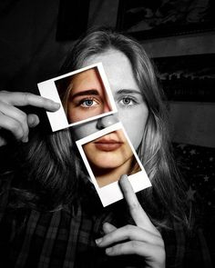 a woman holding up three photos to show her face