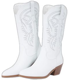 White Embroidered Boots For Winter, White Embroidered Boots For Fall, White Embroidered Round Toe Boots, Winter Embroidered Heeled Boots With Round Toe, Trendy Embroidered Winter Boots, Pointed Toe Cowboy Boots, White Cowgirl Boots, Cowboy Boots For Women, Wide Calf