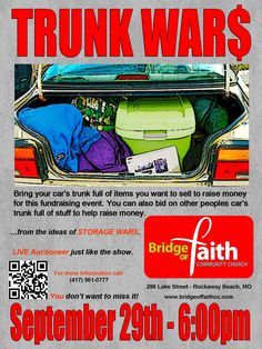 the trunk wars poster is shown with luggage in an open trunk and text on it