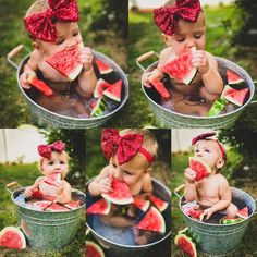 Six Months Pictures Ideas, Cereal Milk Bath Photoshoot, Watermelon Toddler Photo Shoot, Watermelon Shoot Baby, Baby Summer Photo Shoot Ideas, Infant Summer Photoshoot Ideas, 1 Year Milk Bath Photos, Holiday Milk Bath Photography, Baby In Watermelon Photography