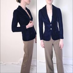 Blue velvet blazer with satin lining, two crystal front snap closures best fits women's XS, measurements: length 23", pit-to-pit 17.5", sleeve length 22" excellent pre-owned condition, no flaws or damage matching midi/maxi length skirt is listed separately (shown in model photos) For reference model is approx 5'9", Bust 34" Waist 25" Hip 37" Feel free to bundle with other items Items are pre-owned and may have small flaws due to age. Any major/noticeable flaws will be noted in description. Blue Velvet Blazer, Velvet Blazer, Madison Wi, Womens Blazers, Model Photos, Blue Velvet, Blazer Suit, Blazer Jacket, Art Collection