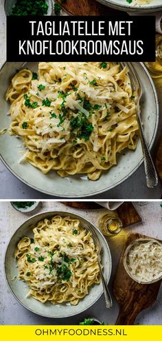 two pictures showing different types of pasta with cheese and parsley on the top, one in