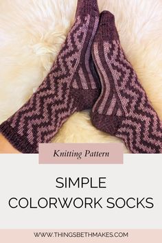 two knitted socks with text overlay that reads knitting pattern simple colorwork socks