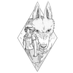 a drawing of a wolf with a girl on it's back in front of a diamond