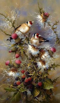 two birds sitting on top of a bunch of wild flowers next to berries and dandelions