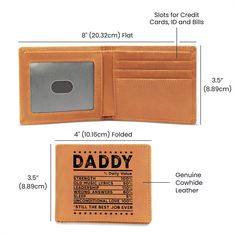 Funny Gift for Dad, Looking for a thoughtful and attractive gift for that special man in your life? Our Graphic Leather Wallet is the way to go! This handsome bifold wallet exterior is made of the highest quality genuine full grain cowhide. It's recognized for its amazing feel and appearance. Both durable and smooth, the wallet's warm brown color will take on a rich, vintage look, getting better with time and use. The unique design is vibrantly printed on the front and carefully shipped in a han Father's Day Rfid Blocking Wallet, Father's Day Bifold Wallet With Card Slots, Classic Trifold Wallet For Father's Day And Everyday Use, Rectangular Trifold Wallet For Father's Day, Leather Trifold Wallet For Father's Day, Classic Trifold Wallet For Everyday Use And Father's Day, Father's Day Rectangular Trifold Wallet, Rfid Blocking Wallets For Father's Day, Bifold Wallets With Id Window As Gift