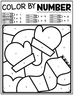 winter color by number worksheet with hearts and snowflakes in the background