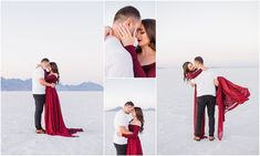 an engaged couple embraces in the snow while holding each other's hands and kissing