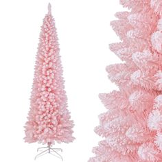 two pink christmas trees are next to each other