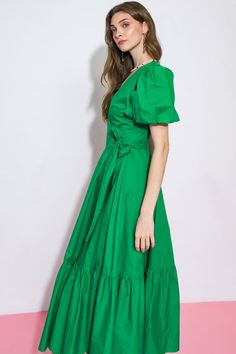 PERFECT ALLURE POPLIN MIDI DRESS l FLYING TOMATO | Flying Tomato Elegant Poplin Summer Dress, Chic Poplin Dresses For Spring, Elegant Summer Poplin Dress, Elegant Poplin Dress For Summer, Chic Summer Poplin Dress, Green V-neck Puff Sleeve Dress With Gathered Sleeves, Green V-neck Short Sleeve Dress For Spring, Green V-neck Short Sleeve Spring Dress, Green Puff Sleeve Dress With Ruched Detail