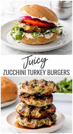 three different types of burgers on plates with the words juicy zucchini turkey burgers