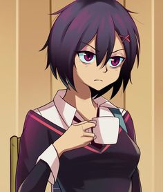 an anime character with purple hair holding a cup in her hand and looking at the camera