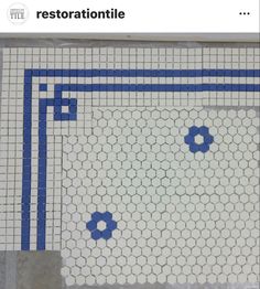 a bathroom with blue and white tiles on the floor, and an image of flowers