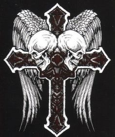 a cross with two skulls and wings on it