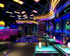 the interior of a nightclub with neon lights and tables, chairs, and couches