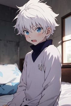 an anime character sitting on a bed in a room with white hair and blue eyes