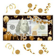 a money bill with gold ribbons and streamers around it, surrounded by golden confetti