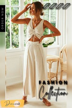 Beige Crop Top and Pants Matching Sets Palazzo Outfits, Strand Outfit, Beige Crop Top, Crop Top And Pants, Beige Crop Tops, Home Wear Women Pajamas, Home Wear Women Casual, Homewear Woman, Homewear Fashion