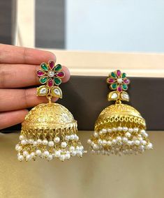 Pachi Kundan Green White Big Pearl Brass Jhumka earrings. Length : 4 inches Chandbali Jhumkas With Latkans For Puja, Heavy Multicolor Earrings For Puja, Multicolor Latkan Earrings For Puja, Multicolor Latkans Earrings For Puja, White Chandbali Jhumkas For Puja, Multicolor Chandbali Earrings For Puja, Chandbali Danglers With Latkans For Puja, American Diamond Necklaces, Oxidized Necklace