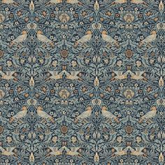 an intricately designed wallpaper with birds and flowers in blue, brown, beige and green colors