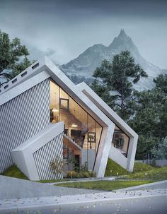 an artistic rendering of a modern building with mountains in the background and trees around it