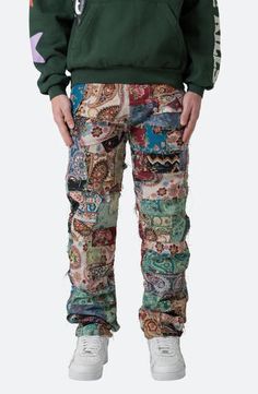 Multicolor Straight Leg Patchwork Pants, Multicolor Straight Leg Pants With Patchwork, Multicolor Patchwork Straight Leg Pants, Multicolor Patchwork Straight Leg Bottoms, Multicolor Straight Leg Bottoms With Patchwork, Patterned Relaxed Fit Bottoms With Pockets, Straight Leg Bottoms With Patches For Fall, Fall Straight Leg Bottoms With Patches, Fall Season Straight Leg Bottoms With Patches