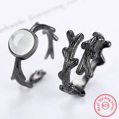 High-Quality Opal Black Plant Sterling Silver Couple Rings for Women Silver Couple Rings, Black Plant, Twisted Band, Couple Rings, Open Ring, 925 Jewelry, Rings For Women, Metal Stamping, Types Of Metal