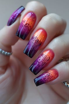 50+ Beautiful Purple Nail Art Inspirations for 2024 - Latest & Trendy Nail Designs Pink Orange And Purple Nails, Orange Purple Nails, Purple Orange Nails, Ombre Chrome Nails, Sunset Nails, Orange Nail Designs, Pastel Nails Designs, Designs For Short Nails