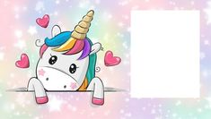 a cartoon unicorn with hearts on its head and a blank sign in the background that says happy valentine's day