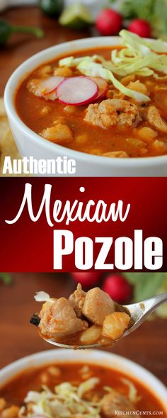 mexican pozole soup in a white bowl with a spoon