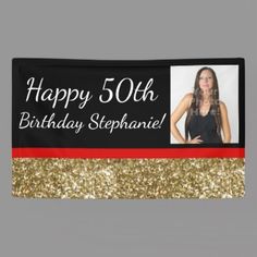 a black and gold 50th birthday banner with a woman's face in the center