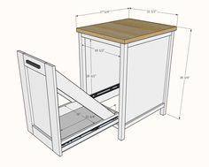 an open cabinet with measurements for the bottom drawer and top shelf in white, on a white background