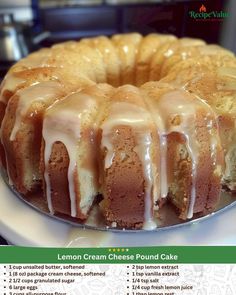 a lemon cream cheese pound cake on a plate with instructions for how to make it