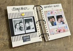 an open scrapbook with two photos and the words together on it, sitting on top of a wooden table