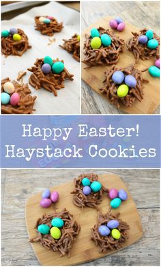 chocolate nests with candy eggs in them and the words happy easter haystack cookies