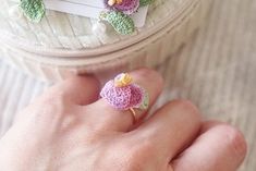 Handmade micro crochet sweet pea flower ring 14K gold plated ring with miniature crochet.  These ring are made with DMC cordonnet. They are lightweight and perfect for all-day wear. Ring are gold-plated brass from Korea. If you have any questions, please reach out to us via messages before purchasing. *All items are handmade and may contain minor imperfections & and a little color difference and variation between the picture and the actual item. But it doesn't make a big difference overall. Sinc Flowers Ring, Gifts Crochet, Sweet Pea Flowers, Miniature Crochet, Micro Crochet, Pea Flower, Jewelry Dainty, Flower Gifts, Birth Flower