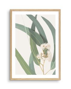 an art print with green leaves and white flowers on the bottom, in front of a white background