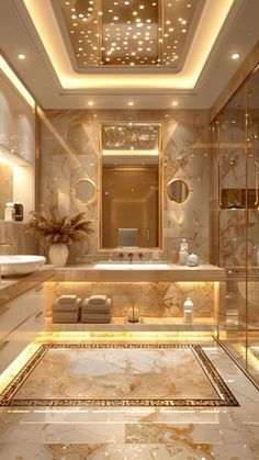 an elegant bathroom with gold accents and marble flooring, along with a large walk - in shower