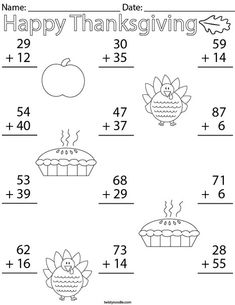 thanksgiving worksheet for kids to practice counting and subming the numbers in addition