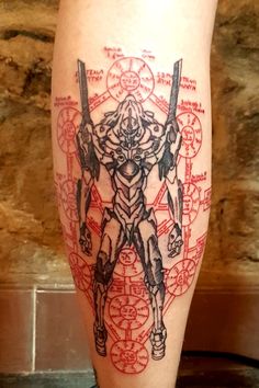 a tattoo on the leg of a person with an image of a man holding two swords